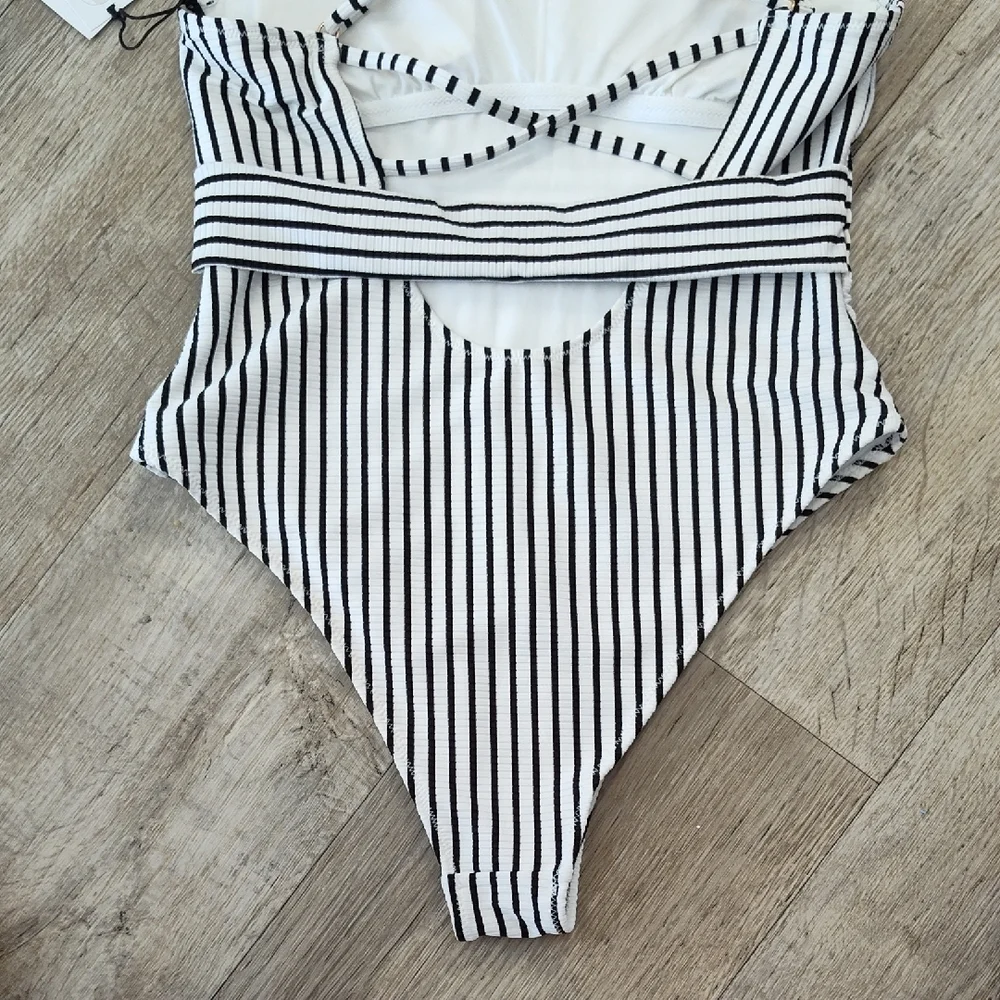 Striped Black and White One-Piece Swimsuit - Picture 6 of 8